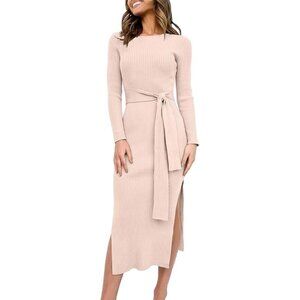 Long Sleeve Sweater Dress, M, Pink, Beige, Crew Neck Slim Fit Slit Bodycon